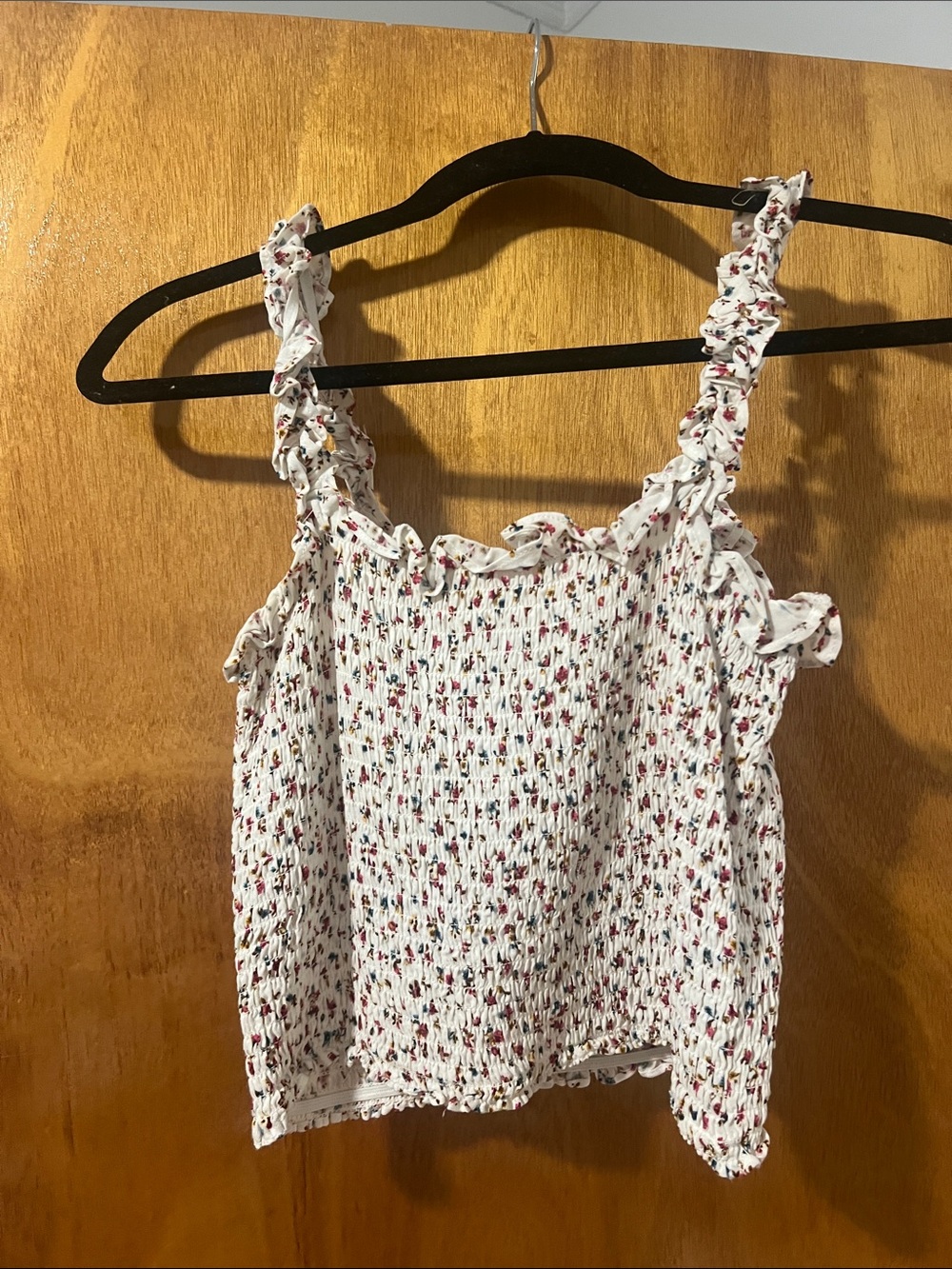 Active USA White Smocked Floral Ruffle Tank with Red & Green Print